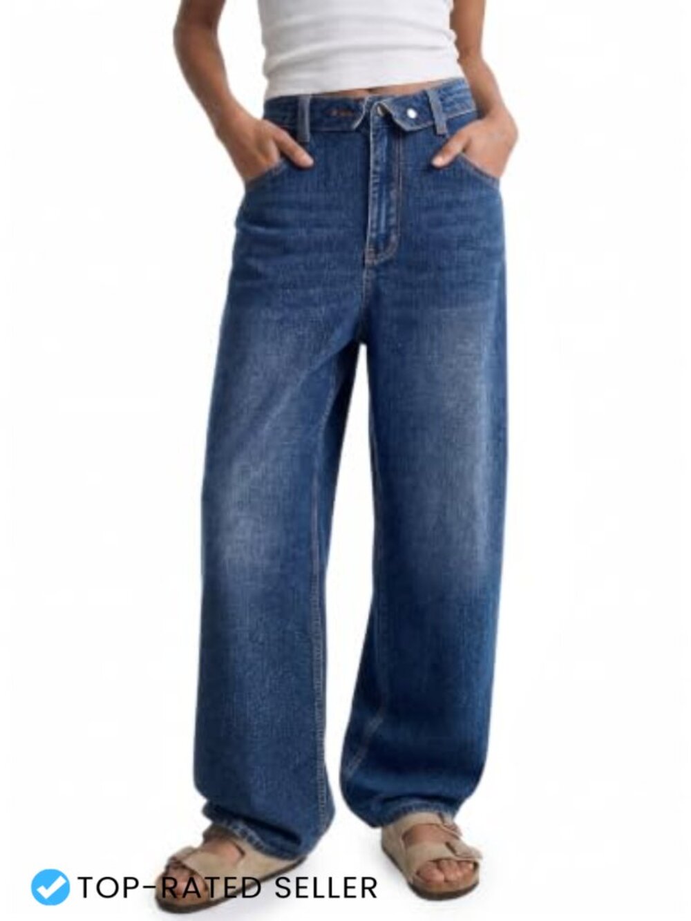 Womens Barrel Jeans Folded Waist Wide Leg Baggy Denim Pants High Rise Zipper